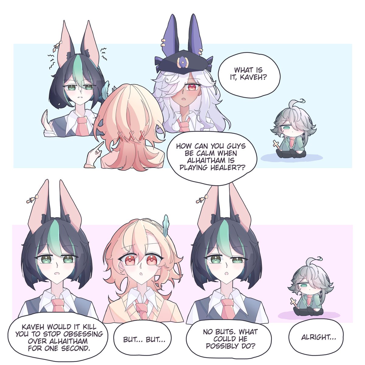 CryMelodi's tweet photo. I don't read enough fanfiction to be able to write good dialogue

Uhh school au alhaitham x kaveh (kinda) because this scenario would not work in canon

#kavetham #haikaveh #Genshin #alhaithamkaveh #kaveh #alhaitham #Tighnari #cyno https://t.co/dd6q7KoDqm