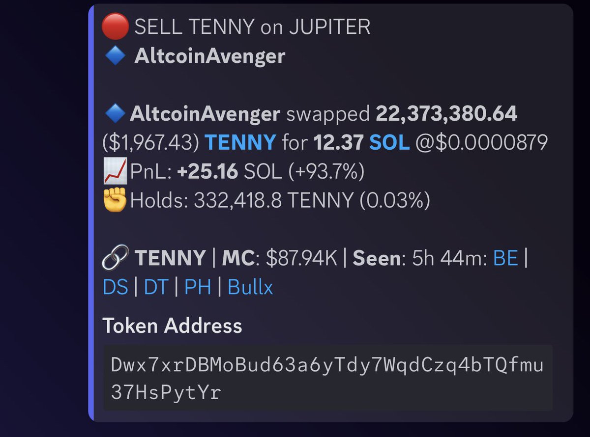 Little 25 SOL cook on $TENNY from one of our insider wallets we track

Don’t miss the next one ☝️ 

discord.gg/kawaiilabs