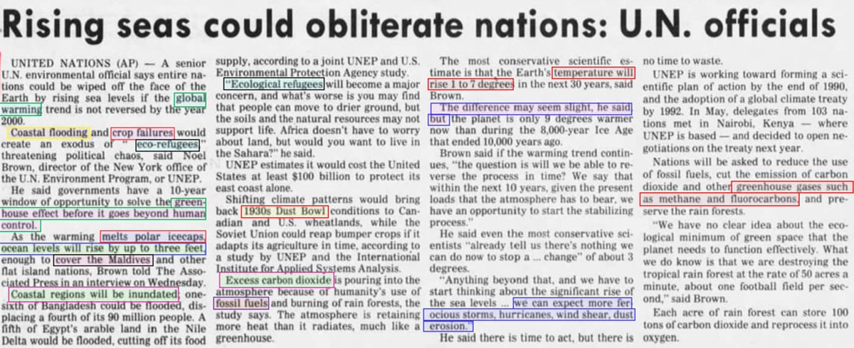For 35 years the United Nations has been using the same slogans &amp; buzzwords to scare people about climate change.

June 1989: eco-refugees, coastal flooding, sea-level rise, 1930s Dust Bowl, melting polar icecaps, sinking Maldive Islands, crop failures,  greenhouse effect, etc.,