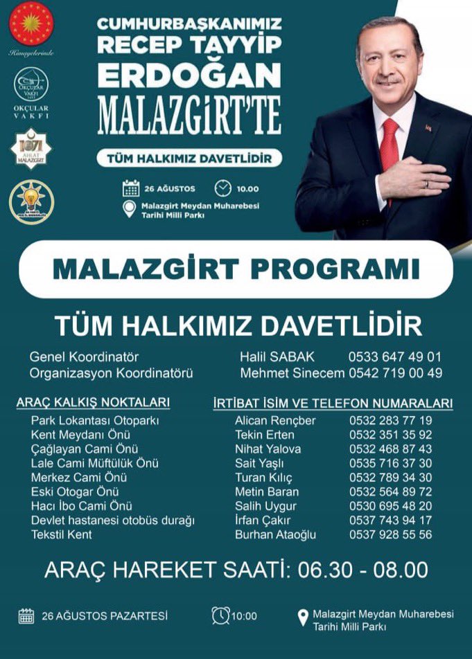 Cumhurbaşkanımız sayın <a href="/RTErdogan/">Recep Tayyip Erdoğan</a> riyasetinde Malazgirt Zaferin 953. Yıl Dönümünü kutlamaları için Araç Haraket Noktaları..

Tüm Halkımızı Malazgirt’e bekliyoruz 
<a href="/Akparti/">AK Parti</a> 
<a href="/RTErdogan/">Recep Tayyip Erdoğan</a> 
<a href="/MelikEmre1/">Melik Emre</a> 
<a href="/eminsimsekmus/">Mehmet Emin Şimşek</a> 
#KutluYürüyüş
#1071Malazgirt