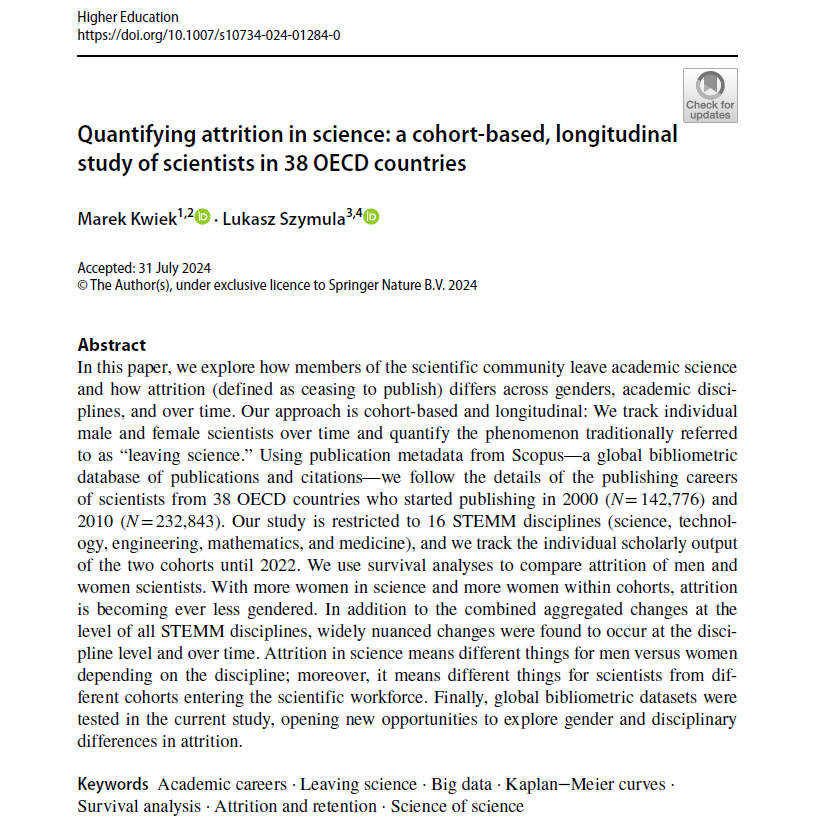 So glad - my article w. <a href="/lukasz_szymula/">Lukasz Szymula</a> in "Higher Education"!

link.springer.com/article/10.100…

‼️"Quantifying attrition in science: a cohort-based, longitudinal study of scientists in 38 OECD countries"‼️

Thousands of scientists tracked over time - how they disappear from science?