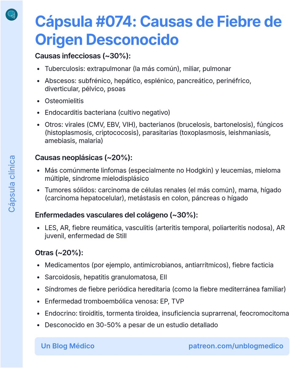 unblogmedico's tweet photo. 🏥 | Causas de Fiebre de Origen Desconocido:

Cada semana compartimos de forma gratuita una cápsula clínica como esta en nuestro newsletter, puedes suscribirte gratis en el link de nuestra bio. https://t.co/NZc6ihtnlP