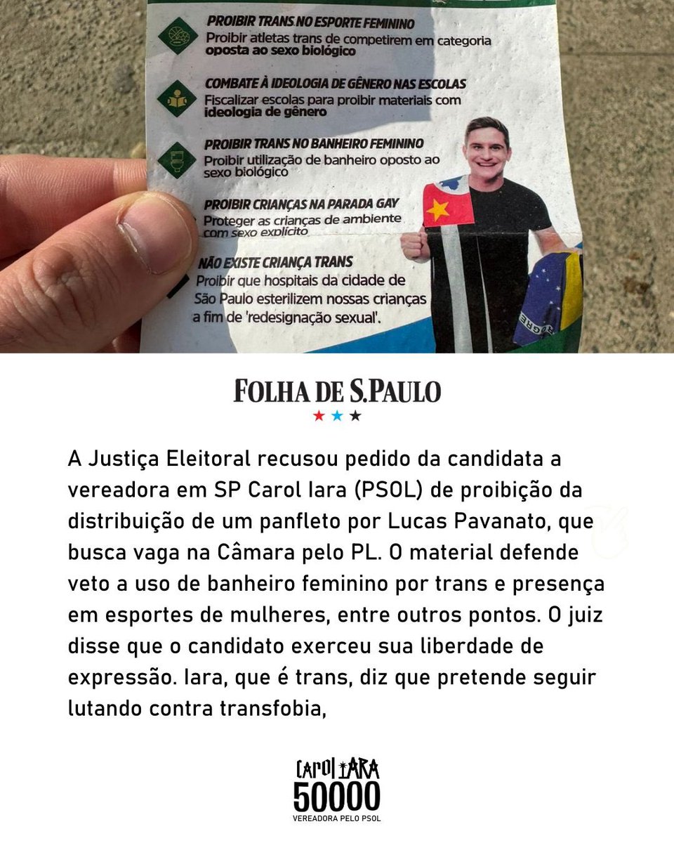 📰 DEU NA MÍDIA | Nesta semana, entrei com um pedido na justiça para proibir a distribuição de um panfleto transfóbico por um candidato. Não podemos permitir a normalização do ódio e do preconceito nas eleições da nossa cidade. Seguiremos lutando contra a transfobia! ✊🏾🏳️‍⚧️