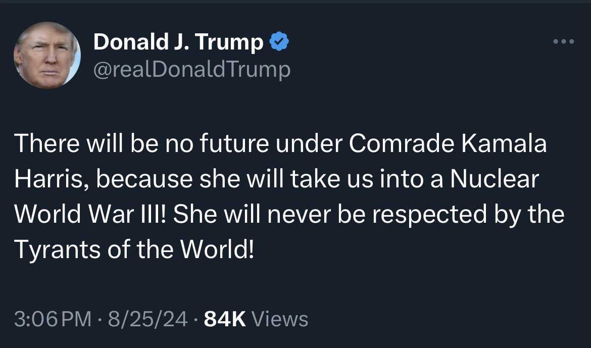 Ron Filipkowski (@ronfilipkowski) on Twitter photo Fresh off the golf course on a beautiful day, Trump returns to Twitter to reup his running 4 year prediction that global Armageddon is imminent unless he is in charge. Without Trump, the human race will cease to exist. Trump is the messiah. Now he’s off to get a hot dog. Fresh off the golf course on a beautiful day, Trump returns to Twitter to reup his running 4 year prediction that global Armageddon is imminent unless he is in charge. Without Trump, the human race will cease to exist. Trump is the messiah. Now he’s off to get a hot dog.