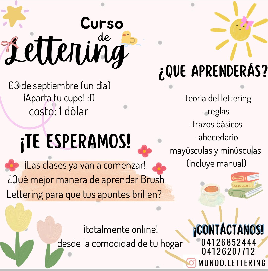 andarad's tweet photo. Feliz día, saludos. Si tu hij@ está en la escuela o liceo, te ofrecemos un curso online de lettering de un dia, para que aprendan a realizar ese tipo de letras, así los cuadernos y presentaciones en láminas destaquen. El curso está pautado para el 03 de septiembre por tan solo 1$ https://t.co/eh9aw0qPhI
