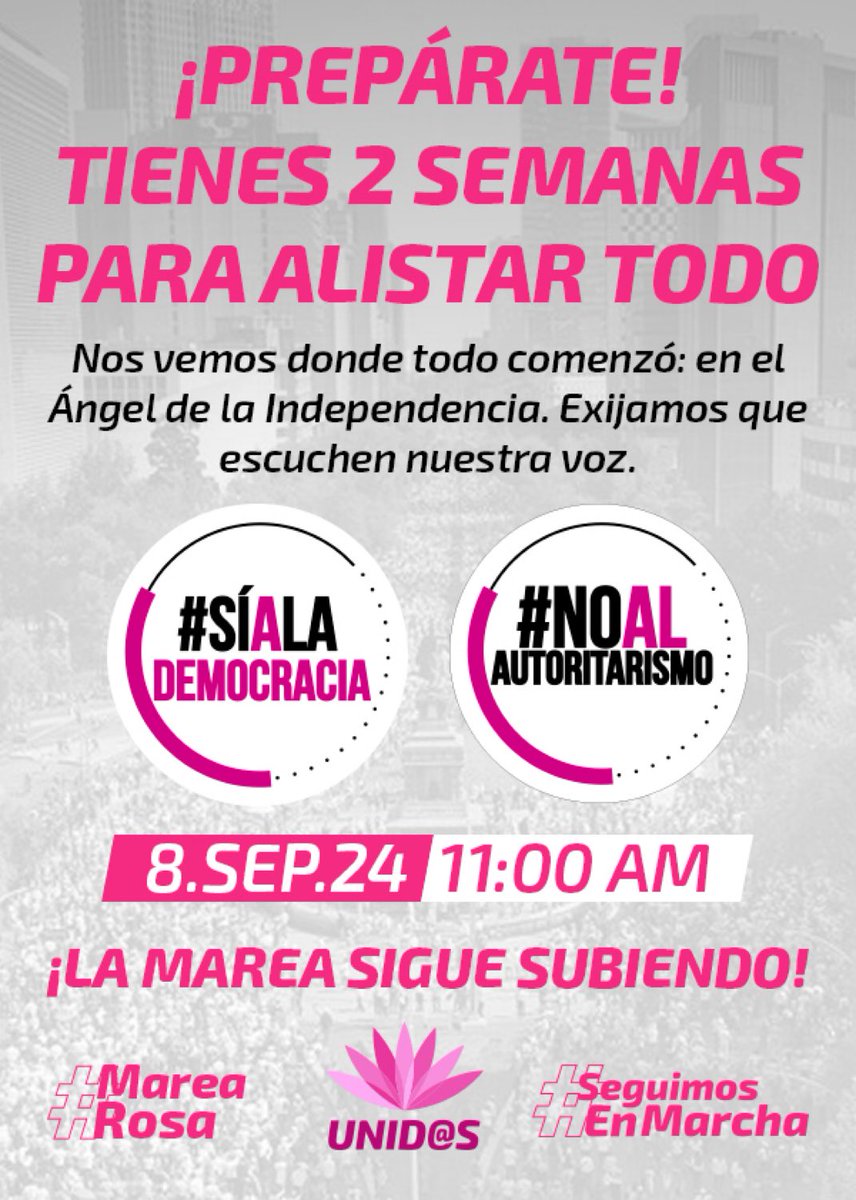 SocCivilMx's tweet photo. REPÚBLICA EN VILO

#8S

💥 ¡En 2 semanas sacudimos al país! Únete el 8 de septiembre, 11:00 am en el Ángel, y deja claro que México es de todos. 🇲🇽 #MareaRosa #SeguimosEnMarcha

Por favor comparte y corre la voz.

¡Gracias! https://t.co/B1pG7ufPx2