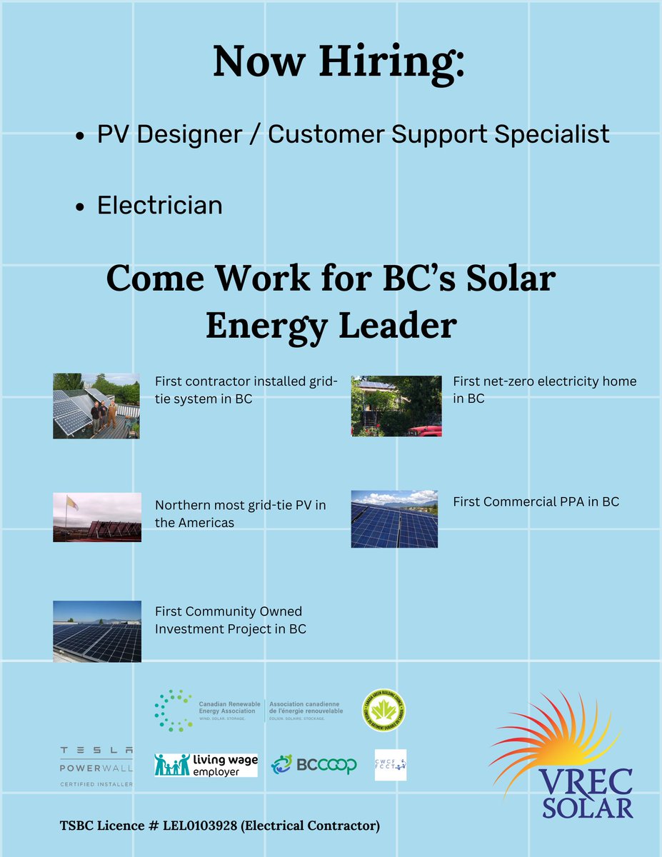 VREC  Solar is growing again and we are looking to add another solar designer /  customer support specialist and electrician.

To apply or learn more details about the job visit: odoo.vrec.ca/jobs