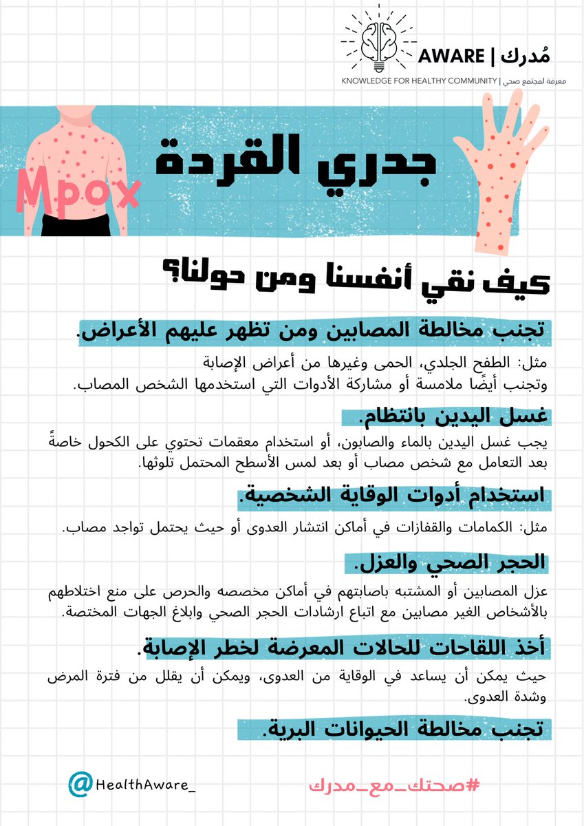 HealthAware_'s tweet image. التوعية بـ #جدري_القرده تفتح أمامك أبواب الحماية الفعالة. 
#صحتك_مع_مدرك