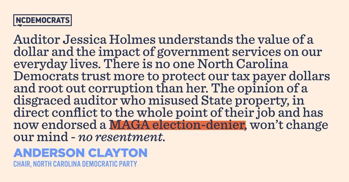 The <a href="/NCDemParty/">NC Democratic Party</a> unequivocally, enthusiastically stands behind Auditor Jessica Holmes. As someone who grew up in rural eastern NC, Auditor Holmes knows the struggles of small communities across our state and will continue to fight for them. Because THAT is what public servants do.