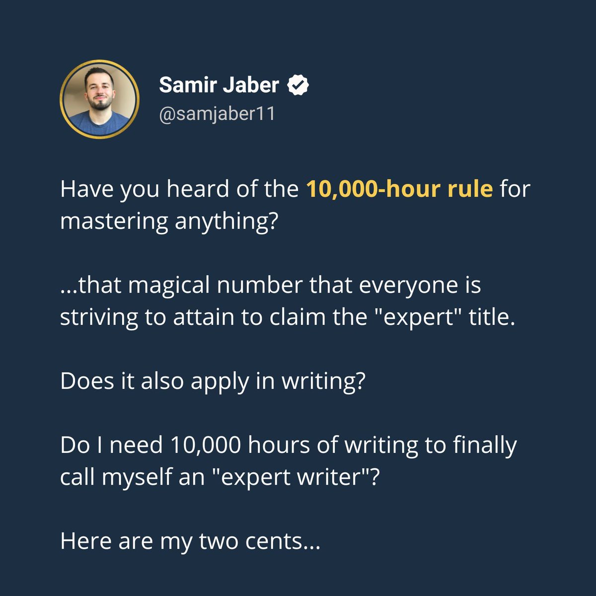 SamJaber11's tweet photo. Malcolm Gladwell claims that it takes 10,000 hours of intensive practice to achieve mastery of a complex skill (such as writing) 🔟0️⃣0️⃣0️⃣ 

But does it really? Is 10,000 hours even enough? Or could this be a bit of an oversimplification? 🤔 

Here's my take on this. 

A thread 🧵 https://t.co/j9kOWWO475