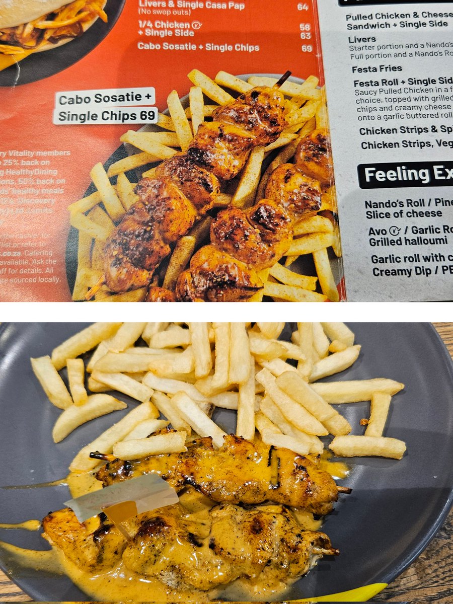 Mushhooda's tweet photo. @NandosSA what misleading advertising is this.. bottom is what we actually. Does not look like the top picture at all. Rip off!! https://t.co/CrCBpR0cUt