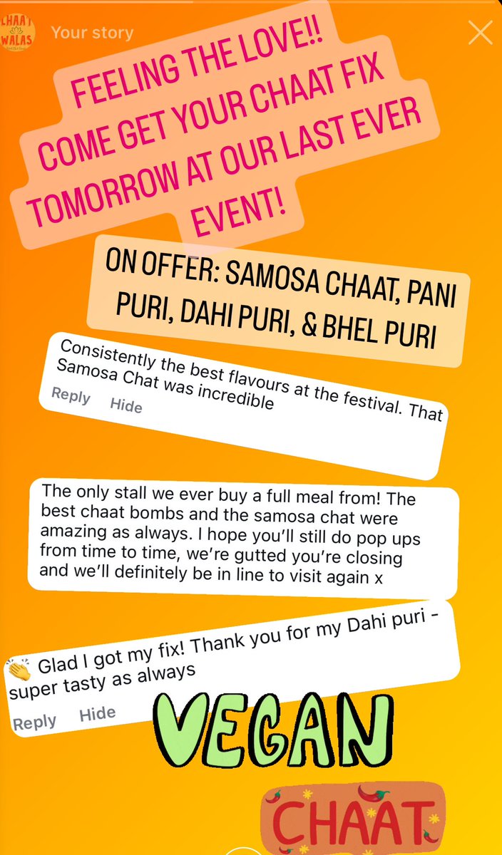 Feeling the love! Come Chaat with us at Bolton Food Festival tomorrow 10-6pm and fill up on tasty vegan chaat! 🌱 🌶️