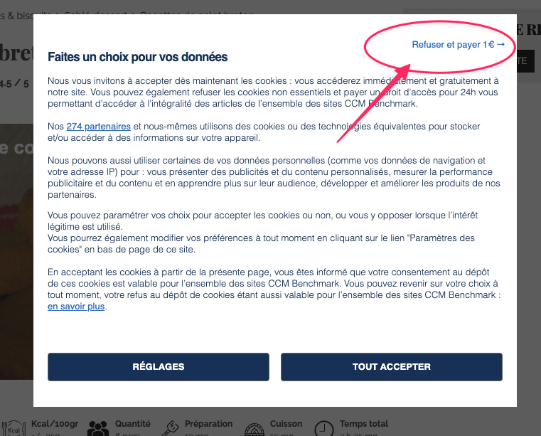 Never seen this before. Accept all cookies or pay €1 !!

Is this even legal??!?