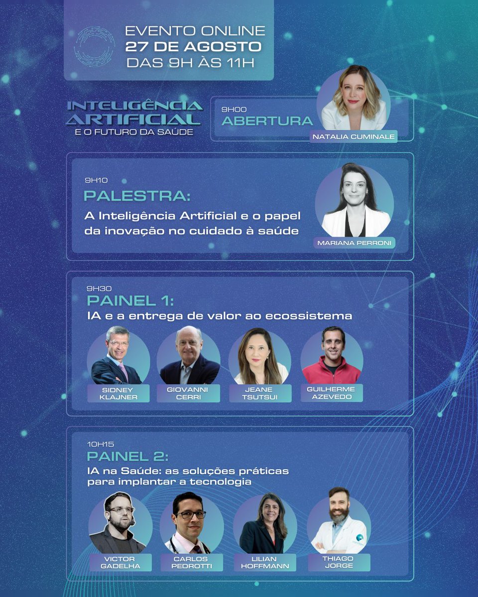 Evento✨Inteligência Artificial e o Futuro da Saúde (27/08,09-11:00,Digital) by  Futuro da Saúde

🎤 Abertura por Natalia Cuminale
✅ Inscreva-se agora!

APOIO✨HIHUB.TECH🌎Líderes Inovadores♾️Saúde🧬
startupsaude.com/evento%e2%9c%a…