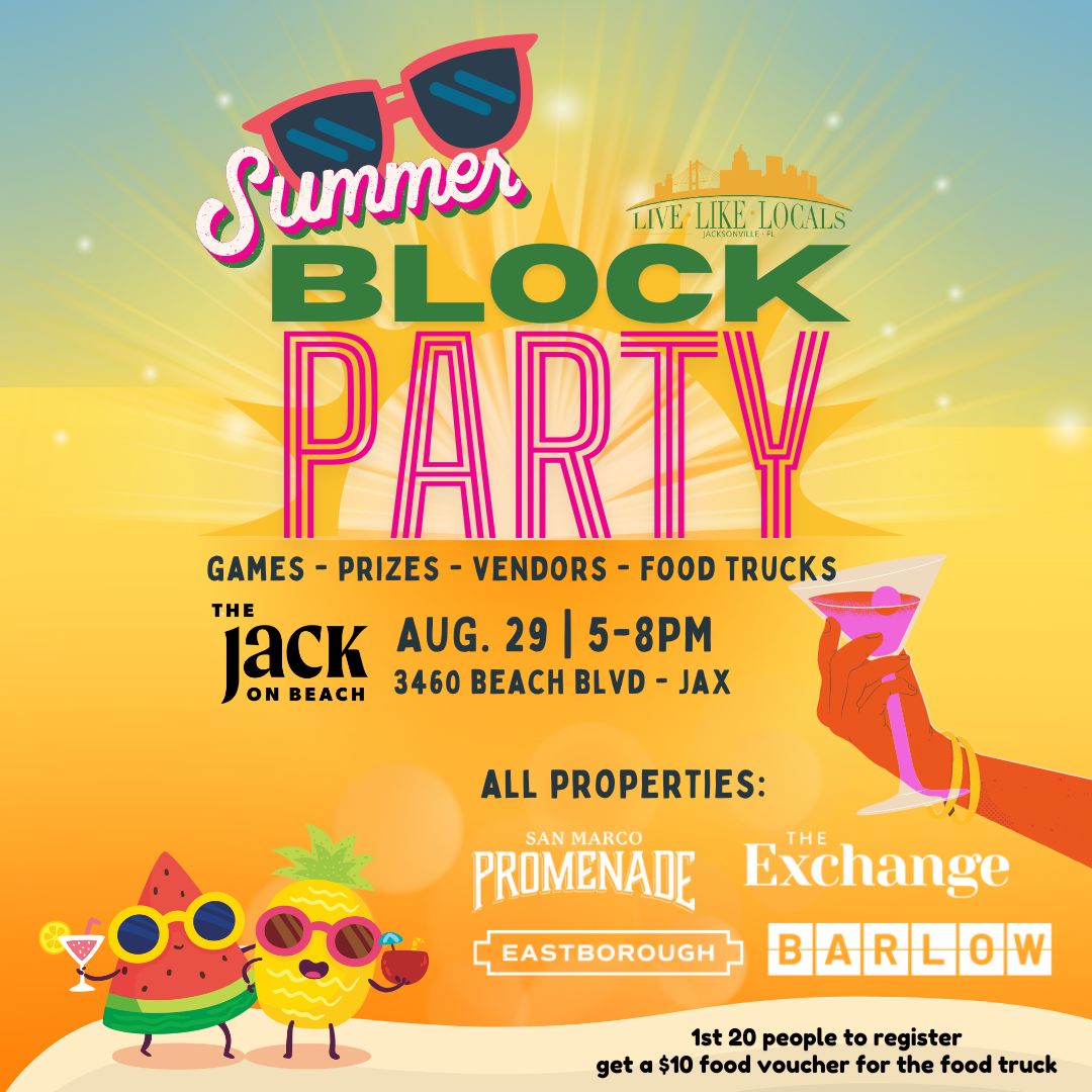 LiveLikeLocals2's tweet image. We're going to end our summer at Jack on Beach. We're having a Block Party and having fun with the San Marco Community. You can join us too. It will be an opportunity to unwind and meet some new friends. We'll have music, food, games and some cool local vendors.