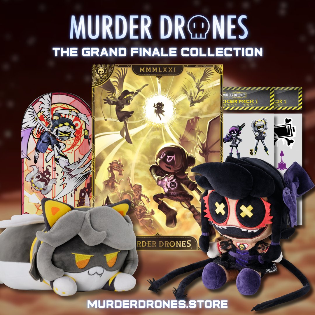 glitch_prod's tweet photo. We hope you guys enjoyed the explosive ending of Murder Drones! To celebrate this grand finale, we have put together a huge merch wave with plushes to throw at walls, keychains to dangle, Animatez, stickers to eat (for legal reasons I'm joking) & a shiny beautiful poster with a limited-time-only signature from the mad man himself LIAM VICKERS!!!