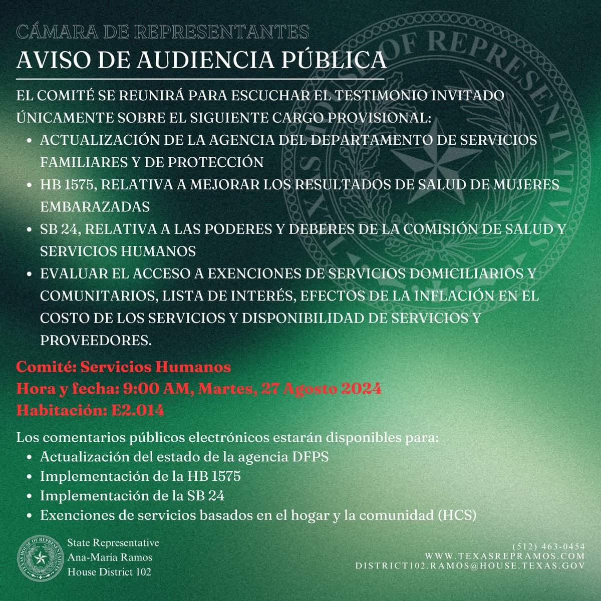 Ramos4Texas's tweet image. Esta semana regresaré a Austin para una audiencia del Comité de Servicios Humanos. 

Vuelve aquí el día de la audiencia para el enlace al livestream. #TXLege #HumanServices #CommitteeHearing #LiveStream #TexasPolitics