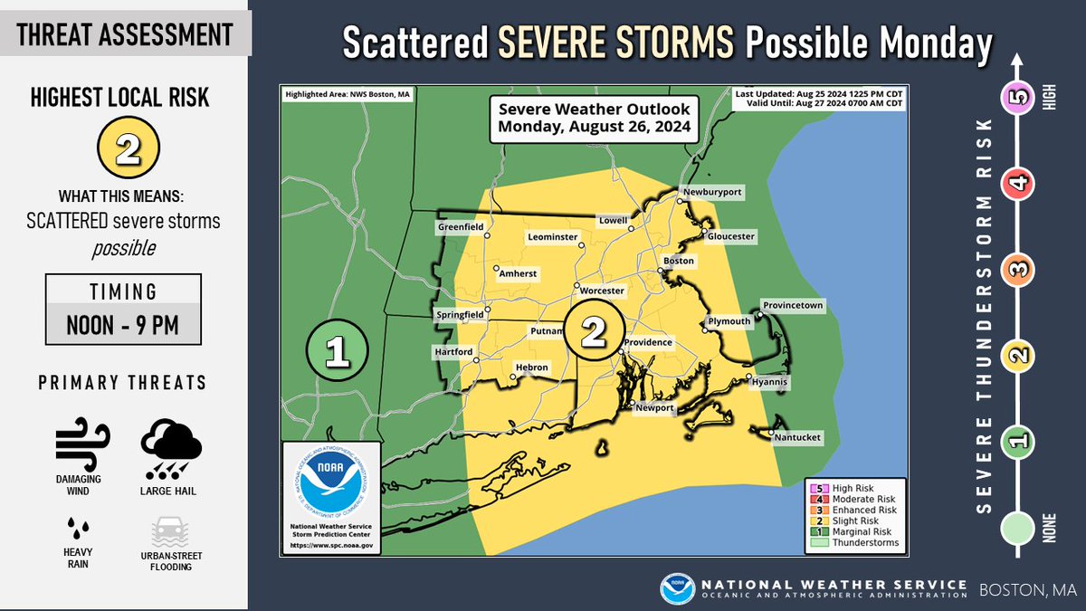 Scattered strong to severe thunderstorms possible across much of southern New England Monday afternoon into the evening (risk greatest Noon to 9 PM). Main threats are damaging winds, large hail, &amp; heavy downpours which may lead to localized flooding. #mawx #ctwx #riwx