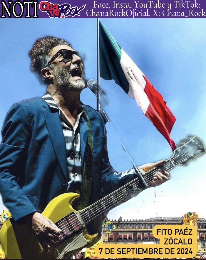 Fito Páez estará en el Zócalo de la CDMX el próximo 7 de septiembre a las 20:00 horas.
#ChavaRock <a href="/FitoPaezMusica/">Fito Paez</a> <a href="/CulturaCiudadMx/">Secretaría de Cultura de la Ciudad de México</a> <a href="/ccurieldeicaza/">Claudia Curiel de Icaza</a> <a href="/anafrancismor/">Ana Francis Mor (Ana Francis LBP)</a>