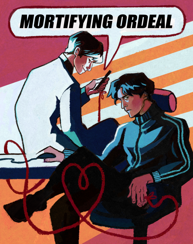 [ID: A drawing of Kim Dokja and Yoo Joonghyuk. Yoo Joonghyuk is sat at a computer while Kim Dokja sits on the desk by his side, his phone in hand. Kim Dokja is smiling while Yoo Joonghyuk is not. A red string is tied between their pinkies and loops in the bottom of the picture to form a heart.]