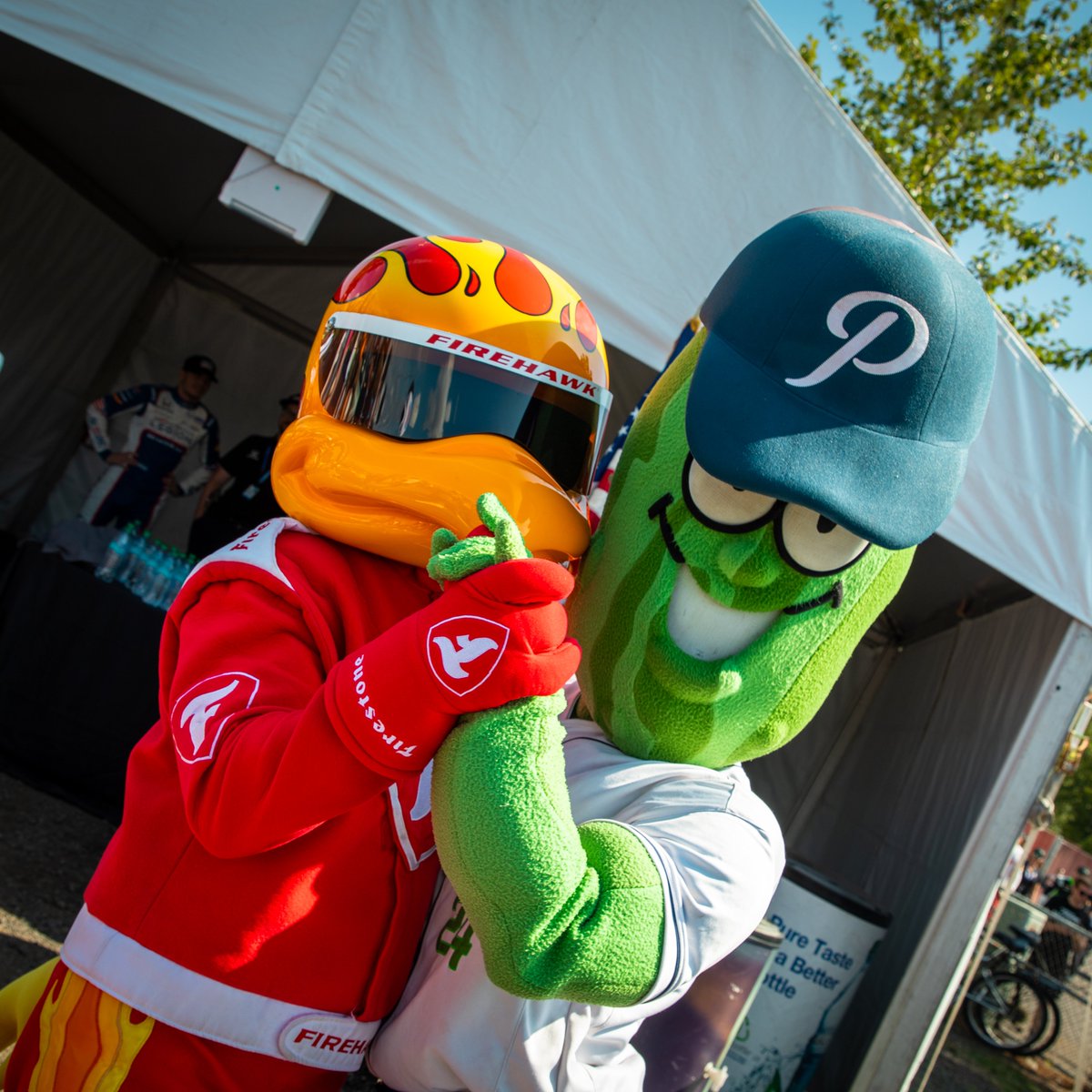 🐐 🤝 🐐 

In the crossover event of the century, the <a href="/FirestoneRacing/">Firestone Racing</a> Firehawk and <a href="/picklesbaseball/">Portland Pickles</a>'s Dillon T. Pickle have met at <a href="/portlandraceway/">Portland Intl Raceway</a>, and appear to be fast friends 🥹

#PortlandGP