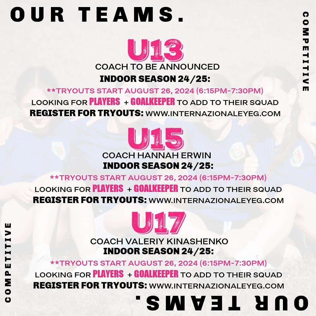 Hey girl, hey! 👋 Next week our club will be having their U12-U17 Competitive Tryouts!
We are looking to expand our teams and are in search of some skilled, focused, empowered female athletes to join our club! 
#yeg #yegsoccerclub #clubsoccer #soccer