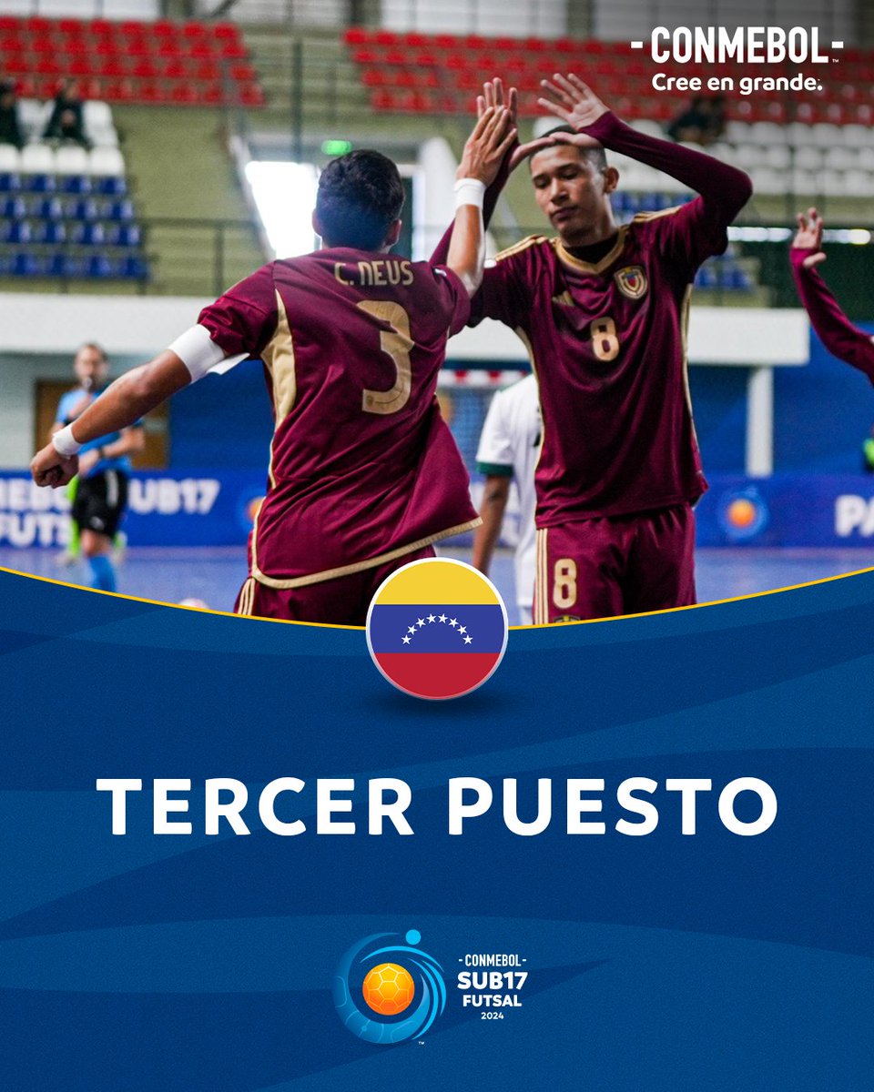 CONMEBOL.com (@conmebol) on Twitter photo ¡Gran torneo para <a href="/FutsalFVF/">Vinotinto Futsal</a> que logró subirse al podio de la CONMEBOL #Sub17FS! 🥉🇻🇪
#CreeEnGrande ¡Gran torneo para <a href="/FutsalFVF/">Vinotinto Futsal</a> que logró subirse al podio de la CONMEBOL #Sub17FS! 🥉🇻🇪
#CreeEnGrande