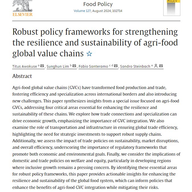I am pleased to share that our paper, titled "Robust Policy Frameworks for Strengthening the Resilience and Sustainability of Agri-food GVCs", co-authored with  @SteinbachAgEcon <a href="/TitusAwokuse/">Titus Awokuse</a> <a href="/FabioGSanteramo/">Fabio G. Santeramo, PhD</a> has been published in <a href="/_Food_Policy/">Food Policy</a>. 

*Link: sciencedirect.com/science/articl…