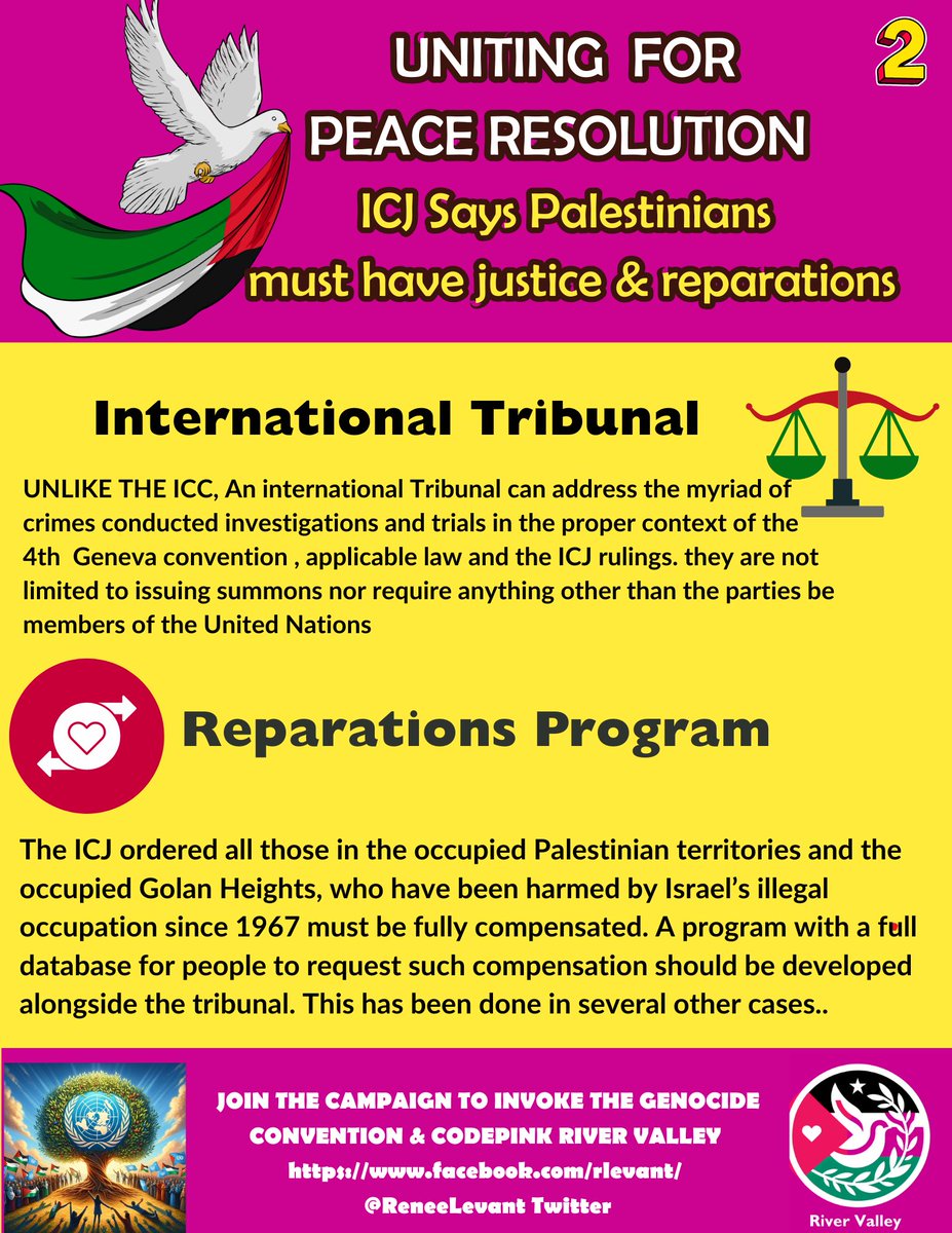 ReneeLevant's tweet image. Better plan: End the Genocide In GaZA and hold Israel Accountable for its crimes in the region 
We need a #UnitingForPeace resolution with teeth, sending a protective force, establishing an international tribunal on war crimes, lifting the blockade And implementing the ICJ…