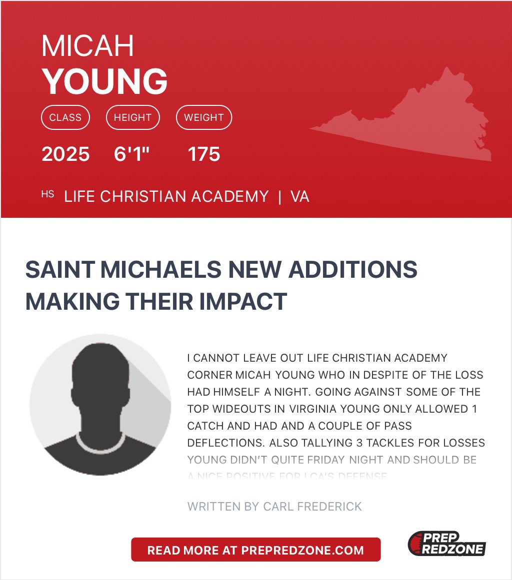 Micah Young (@micahyoung25_) on Twitter photo I appreciate the write up from <a href="/PrepRedzoneVA/">Prep Redzone Virginia</a> <a href="/carljfred/">Carl Frederick</a> it is going to be a good year ! <a href="/LCAFootballVA/">Life Christian Academy Football</a> I appreciate the write up from <a href="/PrepRedzoneVA/">Prep Redzone Virginia</a> <a href="/carljfred/">Carl Frederick</a> it is going to be a good year ! <a href="/LCAFootballVA/">Life Christian Academy Football</a>