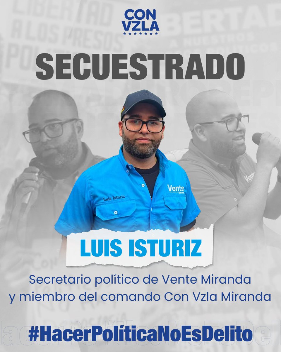 🔴 #Alerta Han transcurrido 24 horas desde la desaparición forzada de Luis Istúriz, secretario político de Vente Venezuela en Miranda y su esposa, Andriuska Sánchez. 

‼️Su familia aún desconoce su paradero. Exigimos información de #DóndeEstán.