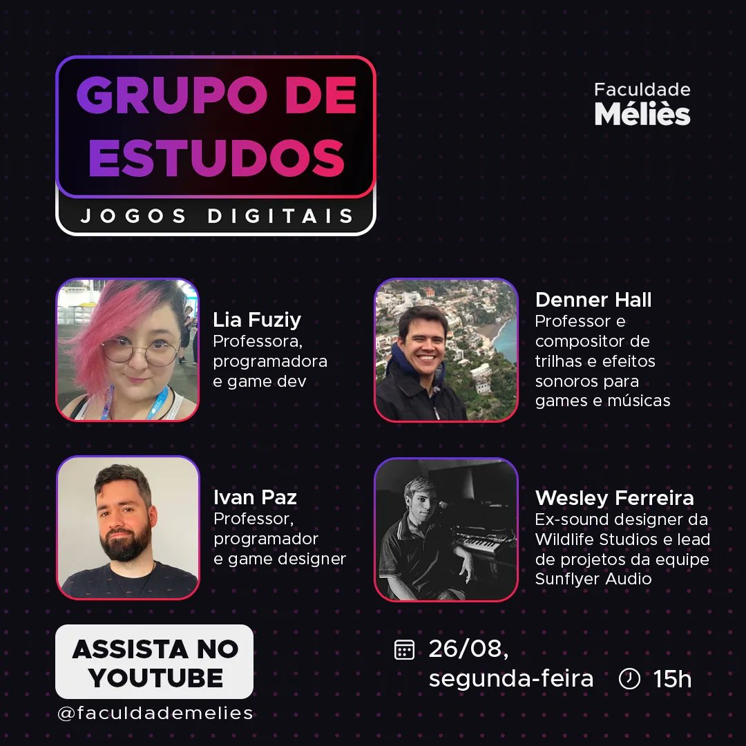 faculdademelies's tweet photo. Nessa live vamos abordar a área de Game Audio, falar quais equipamentos e sfotwares são necessários, e claro, quais habilidades você precisa desenvolver pra começar nessa área.

Acessa o link e ative o sininho 🔔
https://t.co/U7mPi8byAW https://t.co/vp5flQ1bOJ