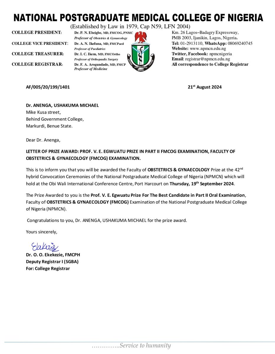 DrAnenga's tweet photo. I could only upload four of these letters however I am scheduled to receive five (5) awards at the 42nd Convocation of the National Postgraduate Medical College of Nigeria @NPMCNigeria in Port Harcourt next month.
I appreciate my family, friends and trainers. To God be the glory! https://t.co/EHmyFs3CJy