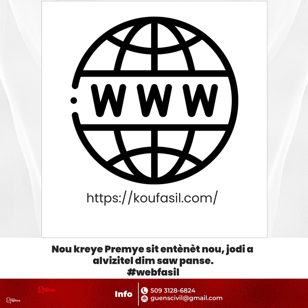 guensgraphics's tweet image. Nou fèl!!!! 
Nan kou kreyasyon sit entènèt la nou reyalize premye devwa nou. Patajel, Mèsi pou konfyas nou.
klike la al vizite: koufasil.com
#Webfasil