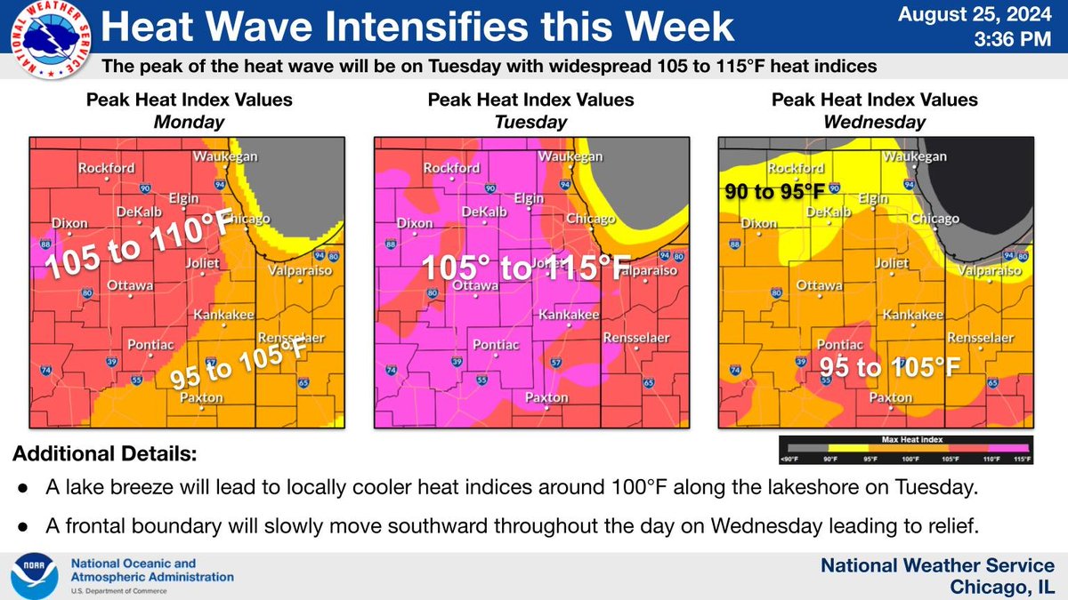 NWSChicago's tweet photo. A heat wave will continue to build into the area Monday and peak on Tuesday, and gradually ease on Wednesday.  Consider altering your outdoor plans including school sports practices. This is the hottest air that we’ve experienced so far this summer. #ILwx #INwx https://t.co/YunEjUEcHR