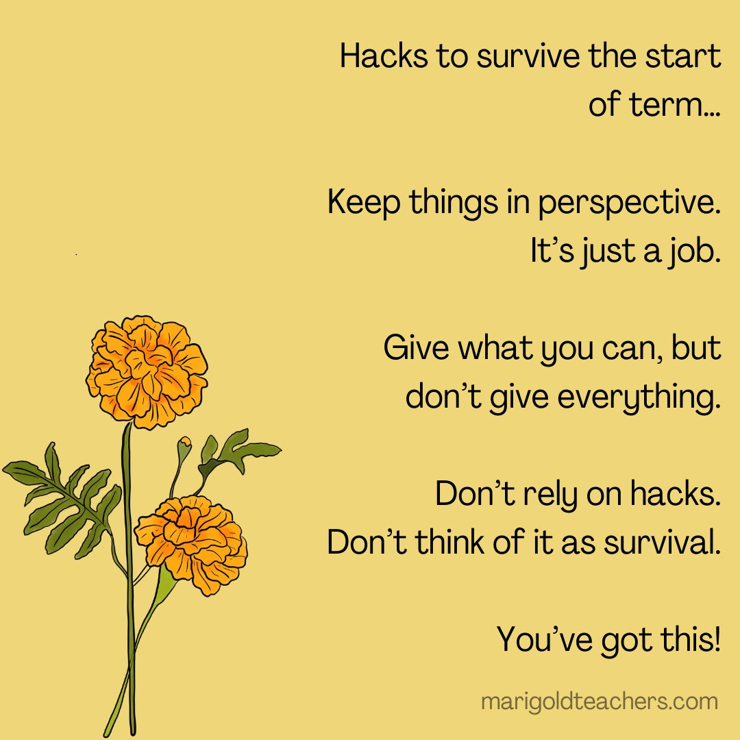 Hacks to survive the start of term…

Keep things in perspective. It’s just a job.
Give what you can, but don’t give everything.
Don’t rely on hacks.
Don’t think of it as survival.

You’ve got this! 🌼

#marigoldteachers #teachers #teacherwellbeing #teacherlife