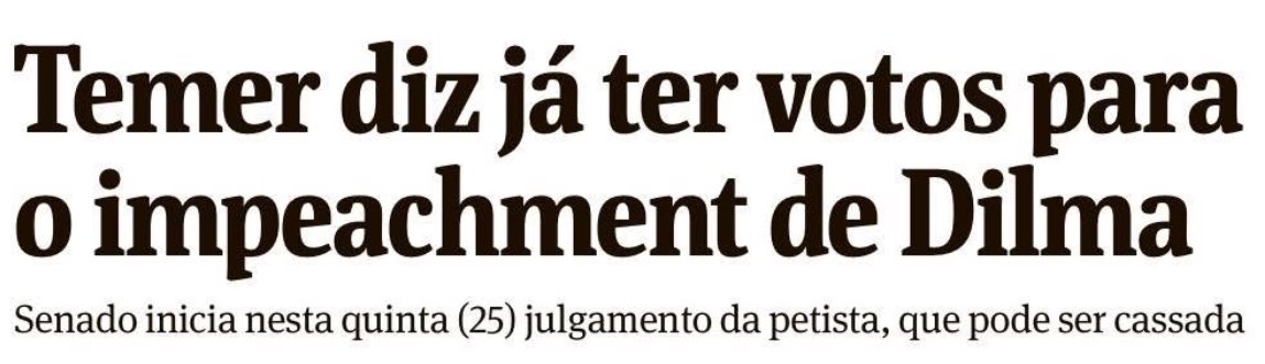 Há exatos 8 anos, Temer dizia ter votos pro impeachment de Dilma. E isso era manchete da Folha de São Paulo no maior tom de normalidade institucional, como se fosse ok um vice contar votos pra destituir uma presidenta 👀