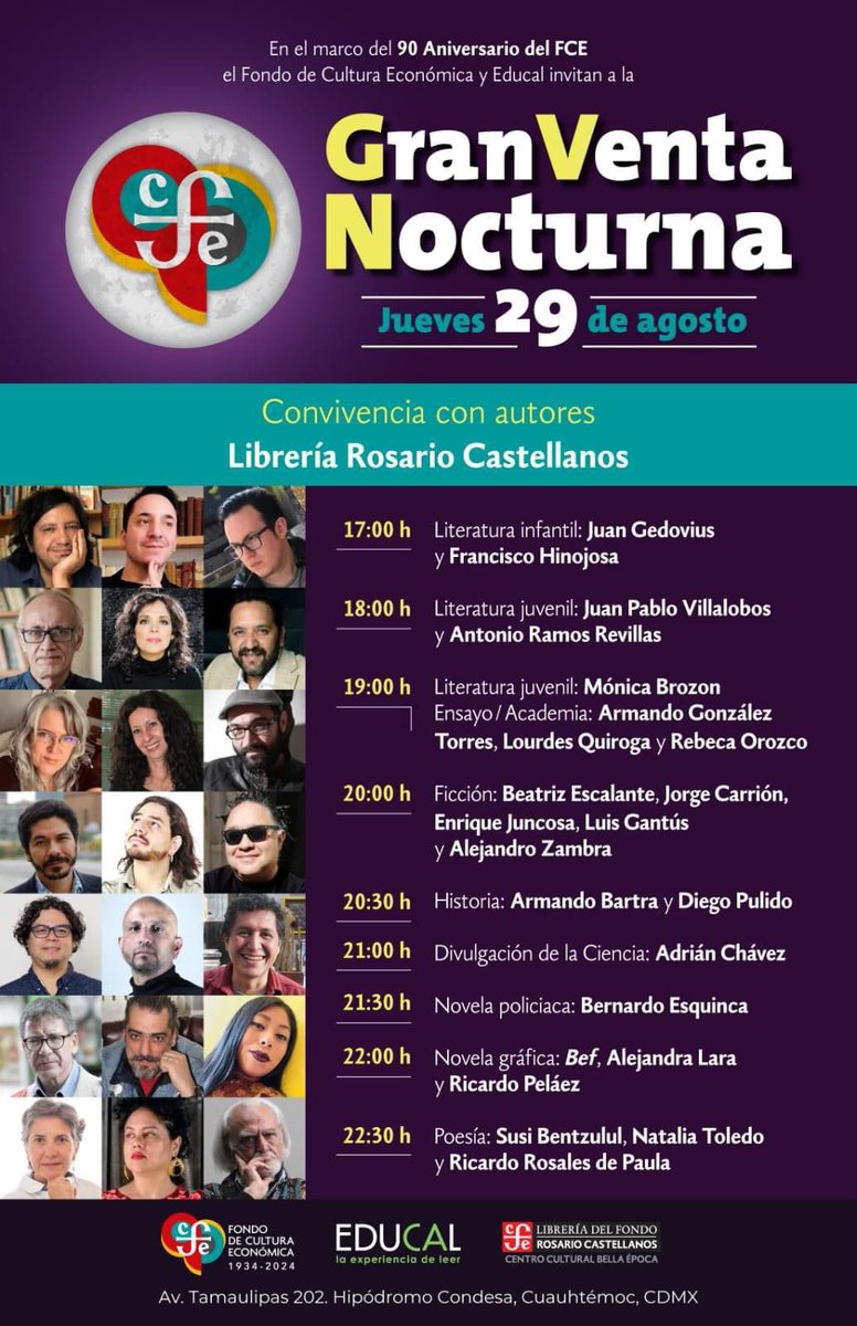 Cáiganle a la Venta Nocturna del <a href="/FCEMexico/">Fondo de Cultura Económica</a> por sus firmas de libros con <a href="/VillalobosJPe/">Juan Pablo Villalobos</a> <a href="/jorgecarrion21/">Jorge Carrión</a> <a href="/nochaveznada/">Adrián Chávez</a> <a href="/mbbrozon/">Monica B. Brozon ❌</a> <a href="/panchohinojosah/">Francisco Hinojosa</a> <a href="/sabinaberman/">Sabina Berman</a> <a href="/SusiBentzulul/">Susi Bentzulul</a> y muchxs más