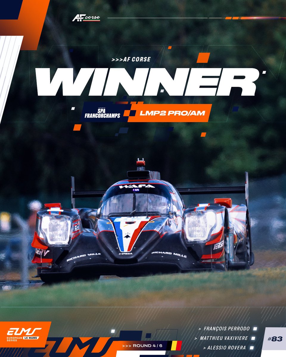 The LMP2 Pro/Am win went to reigning champions <a href="/AFCorse/">AF Corse</a>. 🏆

The No.83 crew of Francois Perrodo, Alessio Rovera and Matthieu Vaxiviere claimed their second-class victory at Spa.

#ELMS #4HSpa