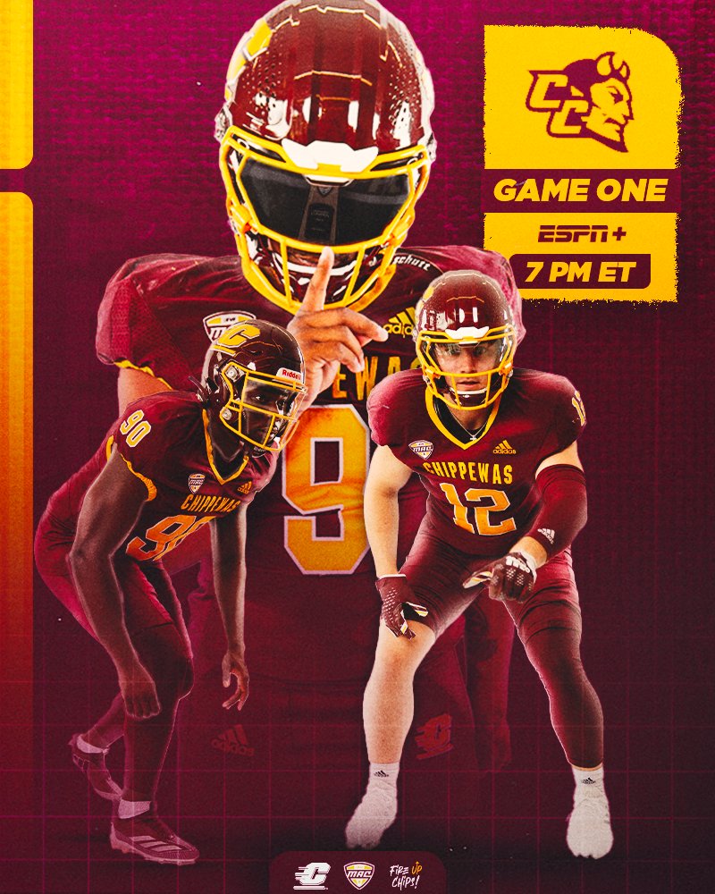 🏈 𝙂𝘼𝙈𝙀 𝙒𝙀𝙀𝙆!

<a href="/cmu_football/">Central Michigan Football</a> opens its 2024 season on Thursday night at Kelly/Shorts Stadium. Kickoff is at 7 p.m. ET!

🆚 Central Connecticut State
🗓️ Thursday
🕖 7 p.m. ET
🏟️ Kelly/Shorts Stadium
📺 #espn+
🎫 bit.ly/3RqoLFY

#FireUpChips🔥⬆️🏈 | #PTS