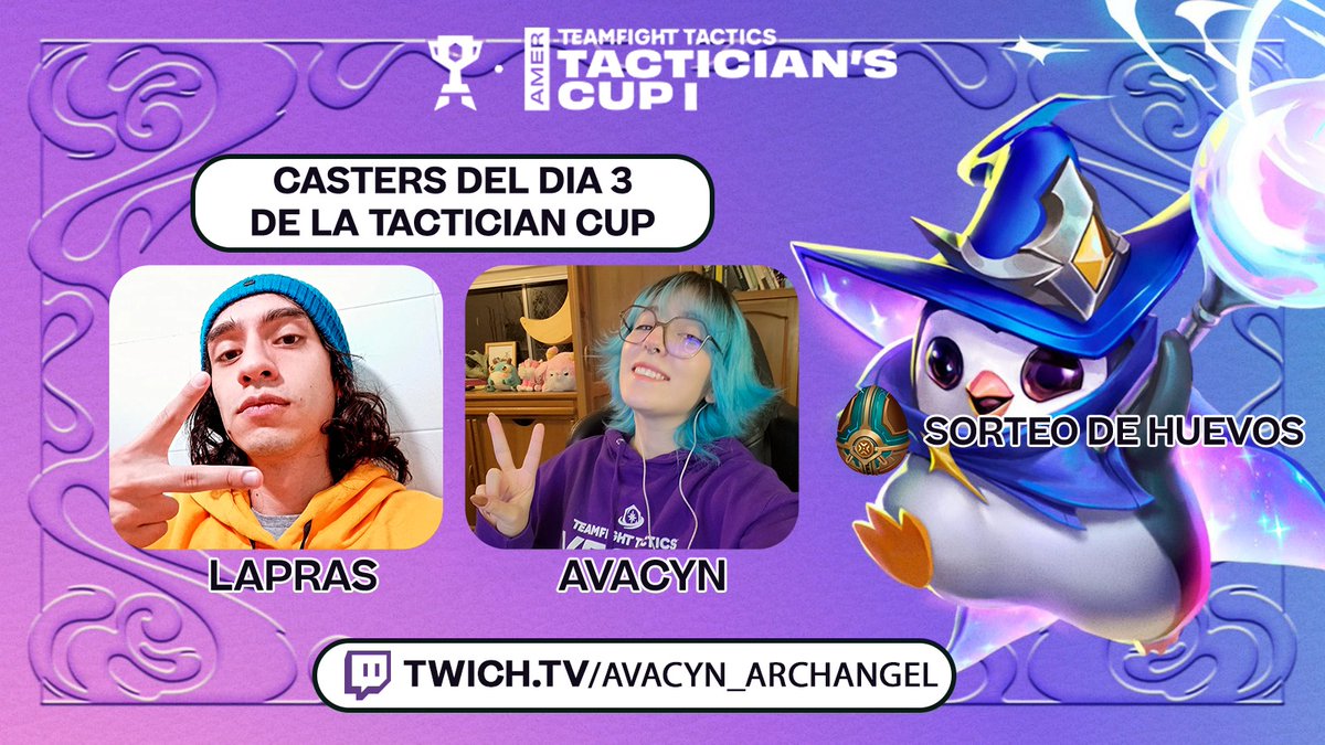 SORTEO 10 HUEVOS TFT
🔴Estamos en vivo: twitch.tv/avacyn_archang…

junto con <a href="/LaprasEl/">STR JuanD Lapras🎙️🐸🦋🐧</a> comentando las partidas de la Tactician's Cup dia 3 y  Sorteando huevos entre los viewers

participa por los huevos:
1 Compartiendo 
2 Siguiendo a <a href="/AvacynArchangel/">Avacyn</a> y <a href="/LaprasEl/">STR JuanD Lapras🎙️🐸🦋🐧</a> 

<a href="/TFTLatam/">Teamfight Tactics Latinoamérica</a>