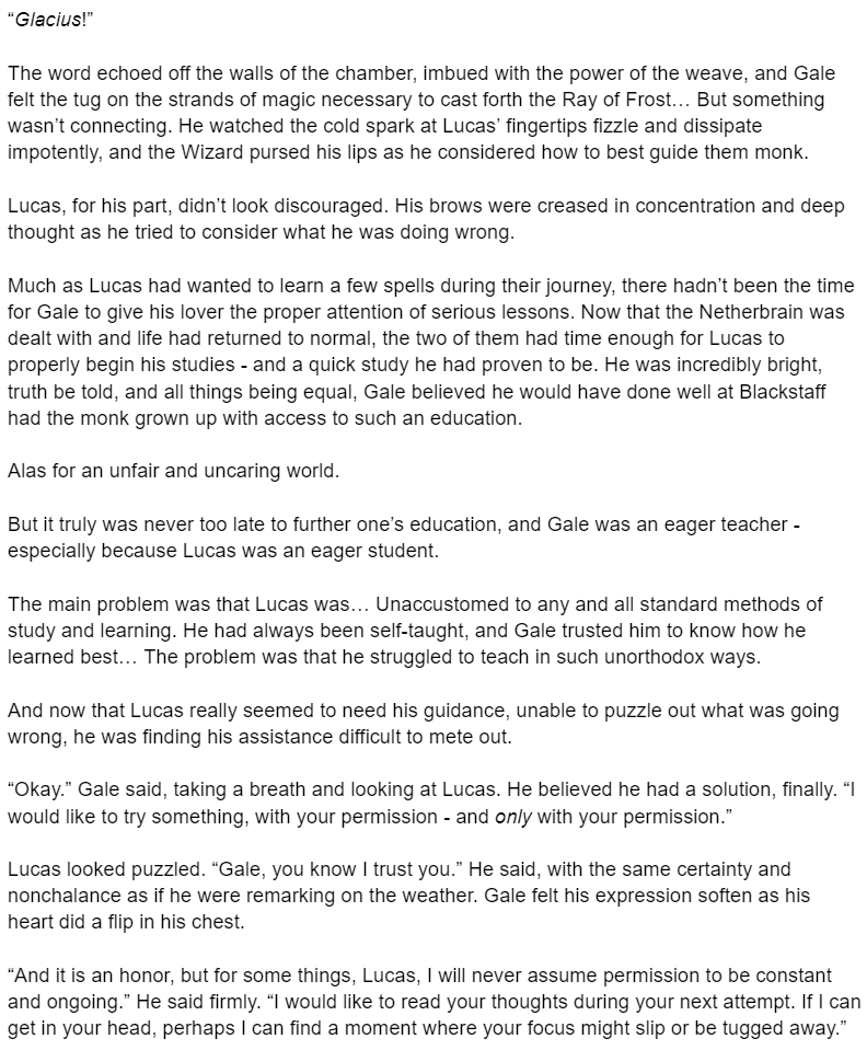 NSFCeleste's tweet photo. One of these days I'll finish something 🥴
But in the meantime, here's what I feel comfortable sharing of what I attempted to write for the last day of #GalemancerWeek ! Lucas makes an effort to learn some spells, and Gale makes an effort to teach him. 🤜🔮 https://t.co/pVBReD9QwN