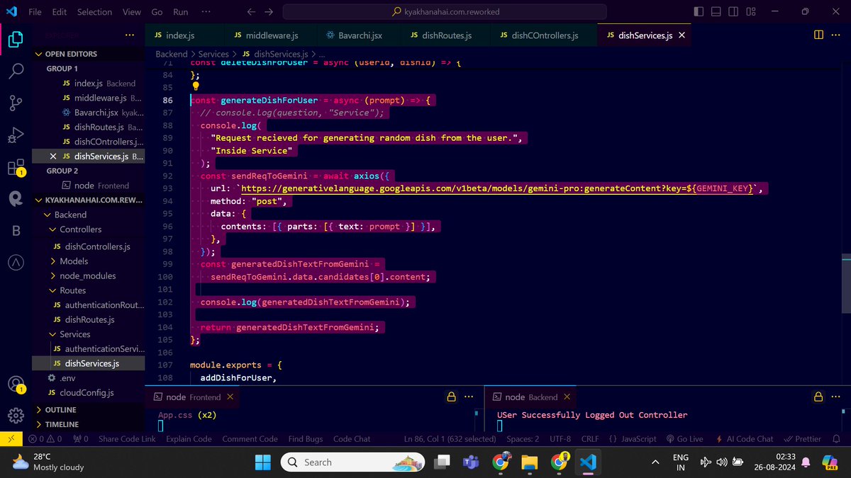 Kash97_Tech's tweet photo. Excited to introduce Bavarchi, an AI-powered feature in my project! Now, you can list the ingredients you have at home, and Bavarchi will suggest delicious recipes you can make with them. #MERNStack #JWT #AI #ReactJS #NodeJS #FullStackDev #Coding  #JavaScript #Gemini https://t.co/bYa0qhMvgf