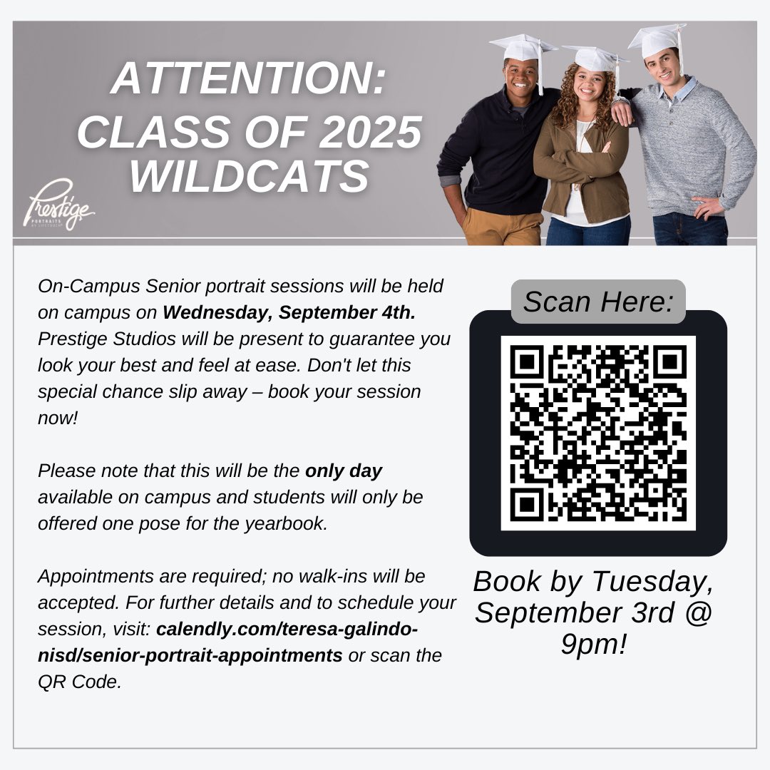 SENIOR FAMILIES: We are excited to announce that Prestige will be available on campus Wednesday, September 4th! Don't miss out on this special opportunity – schedule your session today! For more information and to book your appointment, please visit: calendly.com/teresa-galindo…