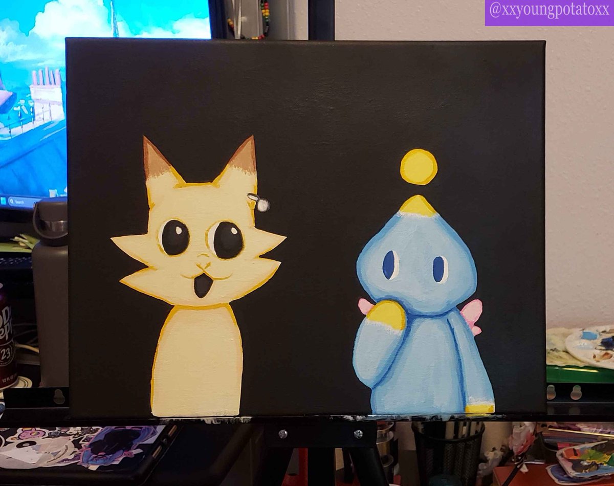 young_potato666's tweet photo. I finally remembered to post this lol, here a painting of Car from @Garn47 and chao from sonic games. I finished this painting in the beginning of July.
#garn47 #chao https://t.co/hgAy4IVjbr