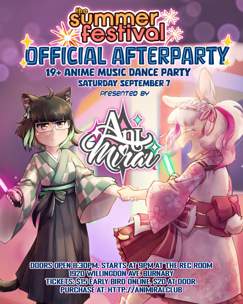 animiraiclub's tweet photo. The future of anikura is NOW AT SUMMERFEST!
We've partnered with @SfuAnime &amp; @BCITAni @SFUSummerFest to bring you our DEBUT event and OFFICIAL AFTER PARTY at the Rec Room later that night on Sept 7th!
Bringing you the best for an anime dance party like no other!
Tickets in bio! https://t.co/tPrlsRz12A