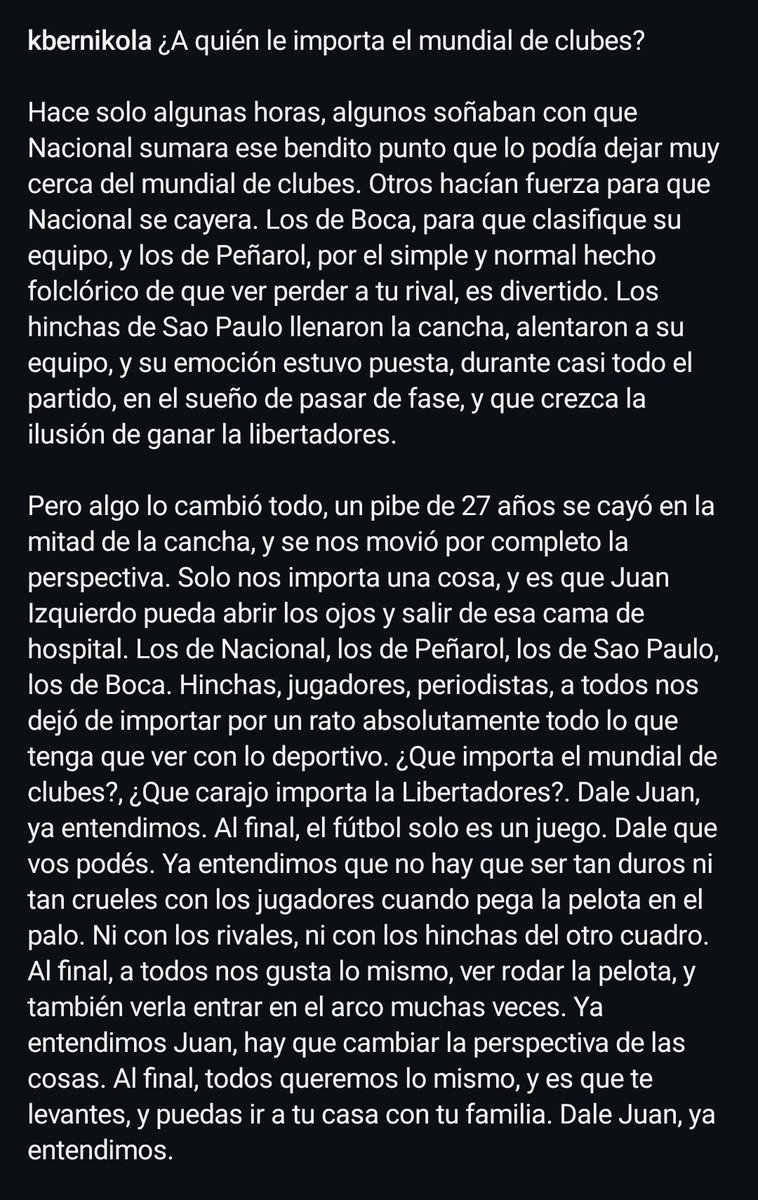 mpepper22's tweet photo. Muy bueno lo que subió está cuenta en IG 

Como siempre digo ..el fútbol es un juego...lo más importante claramente está por otro lado 

Dale Pibe ..que no termina hasta el termina !!

#FuerzaJuan https://t.co/eWWTW5qIbd