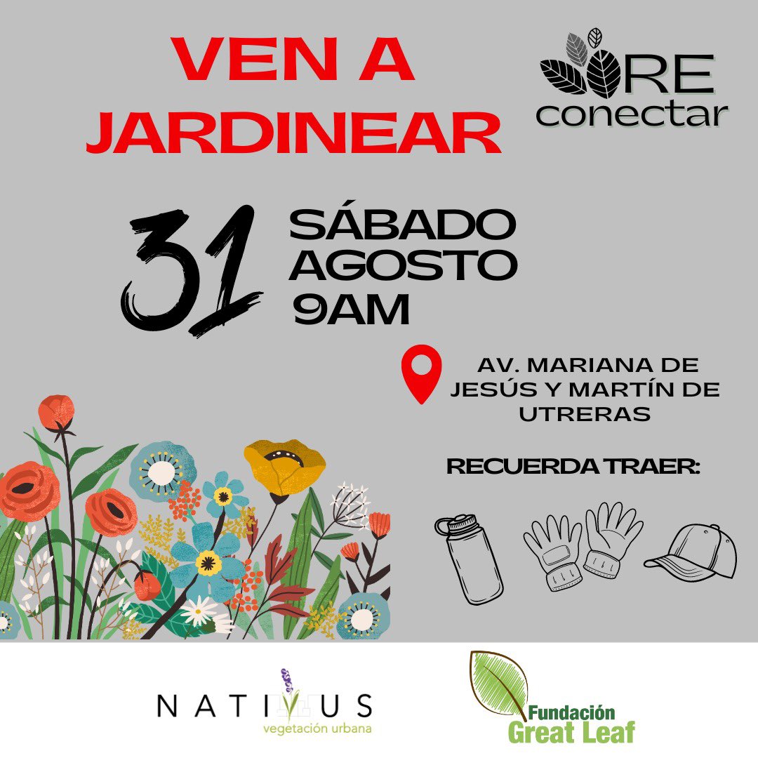 🔔Se viene la jardineada de agosto! 
📣Ven este sábado 31 de agosto a compartir un espacio de comunidad y naturaleza en el 💚 de la ciudad
📍Estaremos en el parterre central de la Av. Mariana de Jesús y Martín de Utreras (frente al Parque de La Mujer)
🕘 A partir de las 9 am