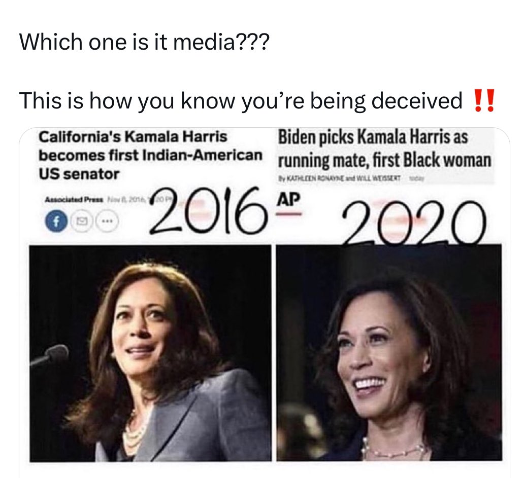 ٩٠ بالمئة من الإعلام حول العالم 🌎 خادع،
هل كاملا هاريس من أصول هنديه أو من أصول سوداء؟ 
يعملون لتسويقها لدى المجتمعين الأسود والهندي....