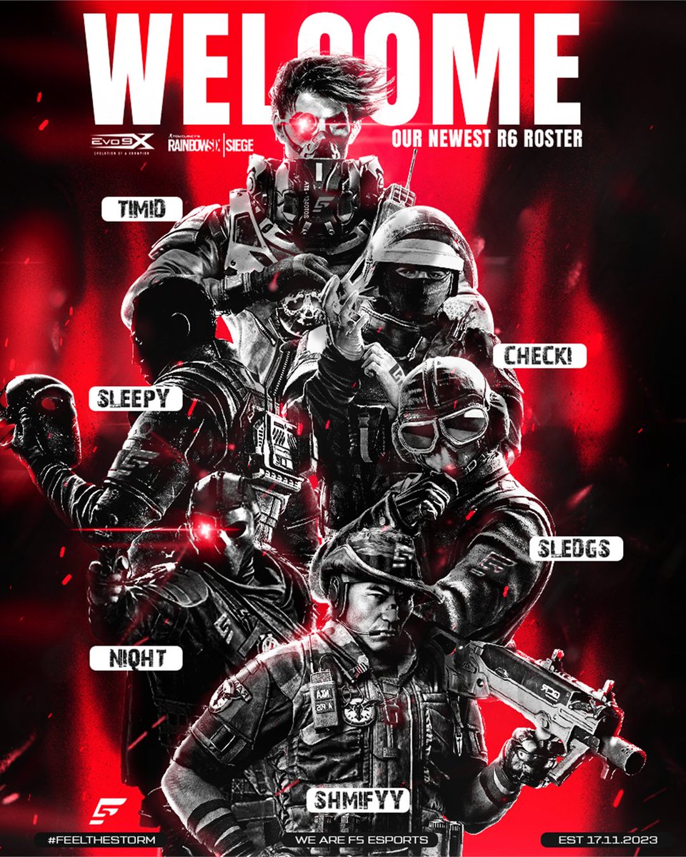 ‼️WERE BACK ‼️

Introducing  F5 Siege

🔴<a href="/niqhtXO/">niqht</a> 
⚪️<a href="/CheckiR6/">Checki</a> 
🔴<a href="/SleepImminent/">Sleepy</a> 
⚪️<a href="/ShmifyyR6/">Shmifyy</a> 
🔴<a href="/sledgs_R6/">sledgs</a> 
⚪️<a href="/yotimid/">timid ☻</a> (manager)

#FeelTheStorm I #F5Siege